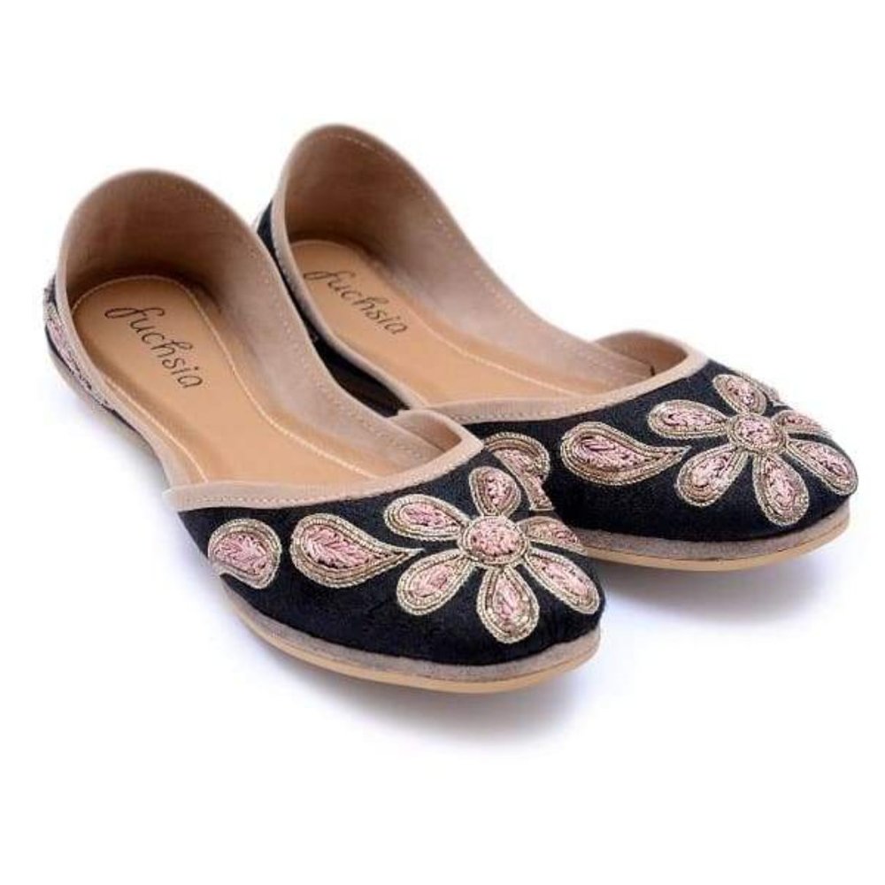 Fuchsia Black Embroidered D'Orsay Flats